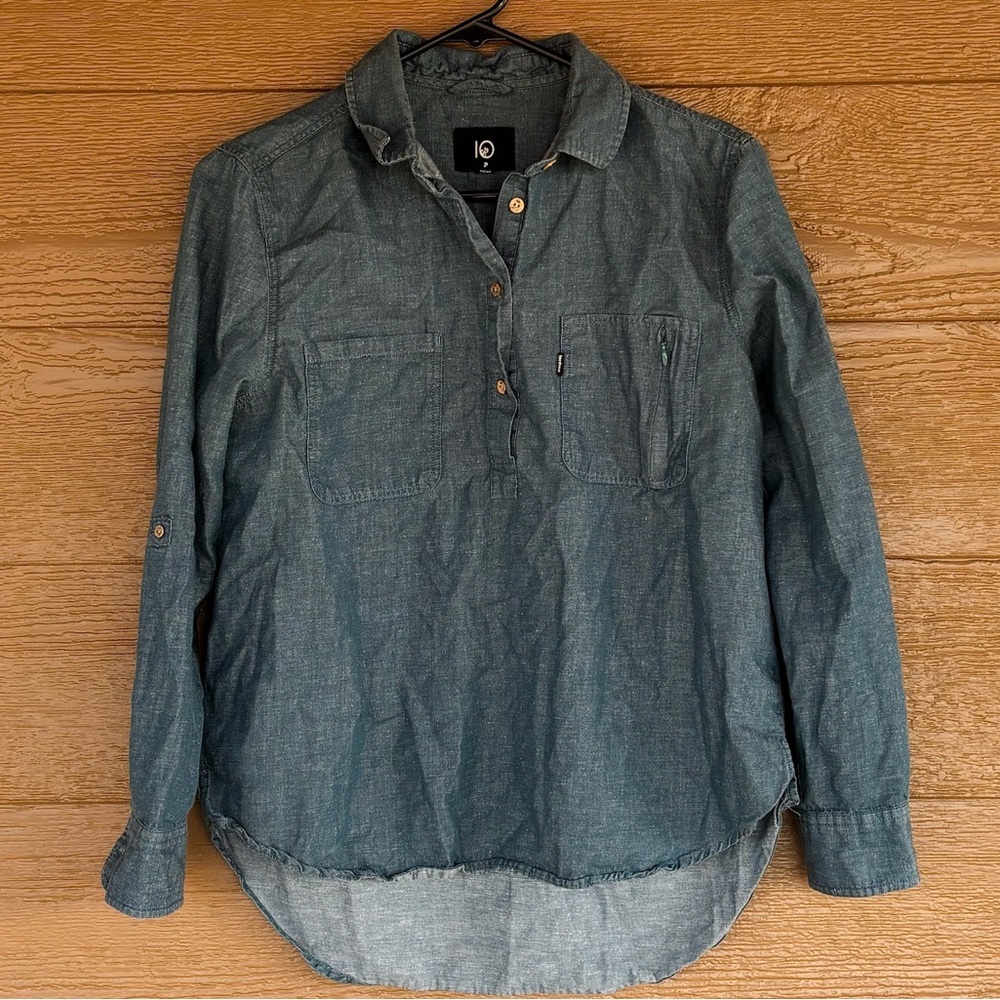 10 Crosby Derek Lam Blue Denim-Look Organic Cotton Button Down Shirt Sz P